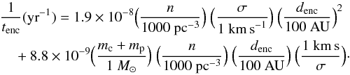 Mathematical equation: \begin{eqnarray} &&{1 \over t_{\rm enc}} ({\rm yr}^{-1}) = 1.9 \times 10^{-8} \Big({n \over {1000~{\rm pc}^{-3}}}\Big) ~ \Big({\sigma \over {1~{\rm km\,s}^{-1}}}\Big) ~ \Big({d_{\rm enc} \over {100~{\rm AU}}}\Big)^2 \nonumber\\ &&\quad+ { 8.8 \times 10^{-9} \Big({{m_{\rm c}+m_{\rm p}} \over 1~M_{\odot}}\Big) ~ \Big({n \over 1000~{\rm pc}^{-3}}\Big) ~ \Big({d_{\rm enc} \over 100~{\rm AU}}\Big) ~ \Big({1~{\rm km\,s} \over \sigma}\Big)}\cdot \end{eqnarray}