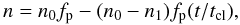 Mathematical equation: \begin{equation} n = n_0 f_{\rm p} - (n_0 - n_1) f_{\rm p} (t/t_{\rm cl}), \end{equation}