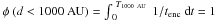 Mathematical equation: \hbox{$\phi~(d<1000~{\rm AU}) =\int_{~0}^{~T_{1000~{\rm AU}}}~1/t_{\rm enc}~{\rm d}t=1$}