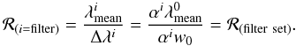 Mathematical equation: \begin{equation} \mathcal{R}_{(i={\rm filter})}=\frac{\lambda^{i}_{\rm mean}}{\Delta \lambda^{i}}=\frac{\alpha^{i} \lambda^{0}_{\rm mean}}{\alpha^{i} w_0}=\mathcal{R}_{\rm (filter\ set)}. \end{equation}