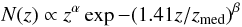 Mathematical equation: \begin{equation} N(z)\propto z^\alpha\exp{-(1.41z/z_{\rm med})^\beta} \end{equation}