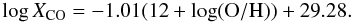 Mathematical equation: \begin{equation} \log X_{\rm CO} = -1.01 (12 + \log({\rm O/H})) + 29.28. \end{equation}