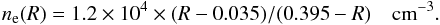 \begin{equation} \label{eq:ne} n_{\rm e}(R) = 1.2 \times 10^4 \times (R - 0.035)/(0.395-R) \quad {\rm cm}^{-3}. \end{equation}