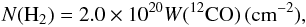 Mathematical equation: \begin{equation} \label{} N({\rm H}_2)= 2.0\times 10^{20} W(^{12}{\rm CO})\, ({\rm cm^{-2}}), \end{equation}