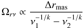 $$ \Omega_{r\nu} \propto \frac{\Delta r_\mathrm{mas}}{\nu_1^{-1/k}-\nu_2^{-1/k}} $$