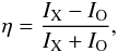 Mathematical equation: \begin{equation} \eta=\frac{I_{\mathrm{X}}-I_{\mathrm{O}}}{I_{\mathrm{X}}+I_{\mathrm{O}}}, \label{mwpol} \end{equation}
