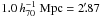 \hbox{$1.0\,h_{70}^{-1}~{\rm Mpc} = 2\myarcmin87$}