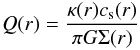 \appendix \setcounter{section}{1} \begin{equation} Q(r) = \frac{\kappa(r) c_{\rm s}(r)}{\pi G \Sigma(r)} \label{Eq:Q} \end{equation}