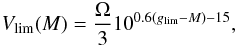 \begin{equation} V_{\rm lim}(M) = \frac{\Omega}{3} 10^{0.6(g_{\rm lim} - M) - 15}, \end{equation}