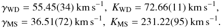 \begin{eqnarray*} && \gamma_{\rm WD} = 55.45(34)~{\rm km\,s}^{-1}, \; K_{\rm WD} = 72.66(11)~{\rm km\,s}^{-1},\\ && \gamma_{\rm MS} = 36.51(72)~{\rm km\,s}^{-1}, \; K_{\rm MS} = 231.22(95)~{\rm km\,s}^{-1}. \end{eqnarray*}