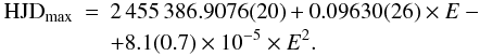 \begin{eqnarray} {\rm HJD}_{\rm max} &=& 2\,455\,386.9076(20) + 0.09630(26) \times E - \nonumber\\ && + 8.1(0.7) \times 10^{-5} \times E^2. \end{eqnarray}