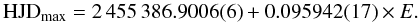 \begin{equation} {\rm HJD}_{\rm max} = 2\,455\,386.9006(6) + 0.095942(17) \times E. \end{equation}