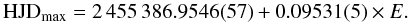 \begin{equation} {\rm HJD}_{\rm max} = 2\,455\,386.9546(57) + 0.09531(5) \times E. \end{equation}