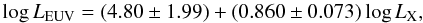 \begin{equation} \log L_{\rm EUV}= (4.80 \pm 1.99) + (0.860 \pm 0.073) \log L_{\rm X}, \end{equation}