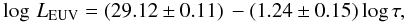 \begin{eqnarray} \log \,L_{\rm EUV} = (29.12 \pm 0.11)\, -(1.24\pm0.15) \log \tau, \label{eq:laweuvage} \end{eqnarray}