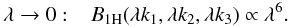 Mathematical equation: \begin{equation} \lambda\rightarrow 0 : \;\;\; B_{1\rm H}(\lambda k_1,\lambda k_2,\lambda k_3) \propto \lambda^6. \label{lambda-0} \end{equation}