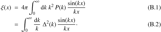 Mathematical equation: \appendix \setcounter{section}{2} \begin{eqnarray} \xi(x) & = & 4\pi \int_0^{\infty} \dd k \; k^2 \, P(k) \, \frac{\sin(kx)}{kx} \\ \label{xi-def}& = & \int_0^{\infty} \frac{\dd k}{k} \; \Delta^2(k) \, \frac{\sin(kx)}{kx}\cdot \end{eqnarray}