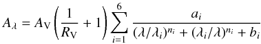 Mathematical equation: \begin{equation} A_\lambda = A_{\rm V} \left(\frac{1}{R_{\rm V}} + 1\right) \sum_{i=1}^6 \frac{a_i}{(\lambda/\lambda_i)^{n_i} + (\lambda_i/\lambda)^{n_i} + b_i} \end{equation}