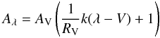 Mathematical equation: \begin{equation} A_\lambda = A_{\rm V} \left(\frac{1}{R_{\rm V}}k(\lambda-V) + 1\right) \end{equation}