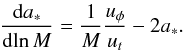 Mathematical equation: \begin{equation} \label{eq.spinevpure} \der{a_*}{{\rm ln}\, M} = \frac 1M\frac{u_{\phi}}{u_{t}} - 2a_*. \end{equation}