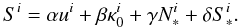 Mathematical equation: \appendix \setcounter{section}{1} \begin{equation} S^i = \alpha u^i + \beta \kappa_0^i + \gamma N_*^i +\delta S_*^i. \end{equation}