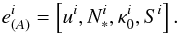 Mathematical equation: \appendix \setcounter{section}{1} \begin{equation} \label{velocity-tetrad} e^i_{(A)} = \left[u^i, N_*^i, \kappa_0^i, S^i\right]. \end{equation}