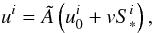 Mathematical equation: \appendix \setcounter{section}{1} \begin{equation} \label{four-velocity2} u^i = {\tilde A} \left(u_0^i + v S_*^i\right), \end{equation}