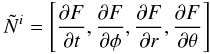 Mathematical equation: \appendix \setcounter{section}{1} \begin{equation} \label{normal-photosphere} {\tilde N}^i = \left[\frac{\partial F}{\partial t}, \frac{\partial F}{\partial \phi}, \frac{\partial F}{\partial r}, \frac{\partial F}{\partial \theta} \right] \end{equation}