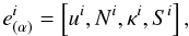 Mathematical equation: \begin{equation} \label{tetrad} e^i_{(\alpha)} = \left[u^i,N^i,\kappa^i,S^i\right], \end{equation}