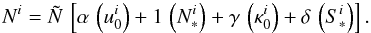 Mathematical equation: \appendix \setcounter{section}{1} \begin{equation} \label{projected-normal-decomposition} N^i = {\tilde N}\,\left[\alpha\, \left(u_0^i\right) + 1\, \left(N_*^i\right) + \gamma\, \left(\kappa_0^i\right) + \delta\, \left(S_*^i\right)\right]. \end{equation}
