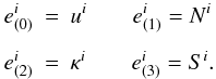 Mathematical equation: \begin{eqnarray} \label{e.comtetrad} e^i_{(0)} &=& u^i \qquad e^i_{(1)}=N^i\nonumber\\[1.5mm] e^i_{(2)} &=& \kappa^i \qquad e^i_{(3)}= S^i. \end{eqnarray}