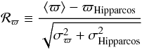 \begin{equation} \label{eq:defsresid} \nr_\varpi\equiv\frac{\langle\varpi\rangle - \varpi_{\rm Hipparcos}}{\sqrt{\sigma_\varpi^2 + \sigma_{\rm Hipparcos}^2}} \end{equation}