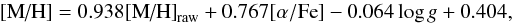 $$ \mh = 0.938\mh_{\rm raw} + 0.767[\alpha/\hbox{Fe}] - 0.064\log g + 0.404, $$