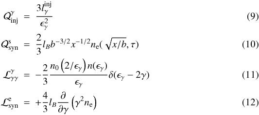 \begin{eqnarray} \label{operators} \cal{Q}^{\gamma}_{\rm inj} & = & \frac{3 \linj}{\egamma^2} \\ \cal{Q}^{\rm s}_{\rm syn} & = & \frac{2}{3} \lB b^{-3/2} x^{-1/2} n_{\rm e} (\sqrt{x/b},\tau) \\ \cal{L}^{\gamma}_{\gamma \gamma} & = & -\frac{2}{3}\frac{n_0\left(2/\egamma\right) n(\egamma)}{\egamma}\delta(\eg-2\gamma)\\ \cal{L}^{\rm e}_{\rm syn} & = & +\frac{4}{3}\lB \frac{\partial}{\partial \gamma}\left(\gamma^2 n_{\rm e} \right) \end{eqnarray}