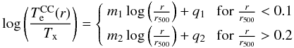 Mathematical equation: \appendix \setcounter{section}{1} \begin{eqnarray} \label{eq_Te_log} \log\left(\frac{T^{\rm CC}_{\rm e}(r)}{T_{\rm x}}\right)=\left\{ \begin{array}{lr} m_1\log\left(\frac{r}{r_{500}}\right)+q_1 & \mbox{ for } \frac{r}{r_{500}}<0.1\\[1.2mm] m_2\log\left(\frac{r}{r_{500}}\right)+q_2 & \mbox{ for } \frac{r}{r_{500}}>0.2\\ \end{array}\right. \end{eqnarray}