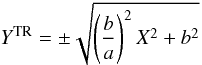 Mathematical equation: \appendix \setcounter{section}{1} \begin{equation} \label{eq_asymptotes_RT} Y^{\rm TR}=\pm\sqrt{\left(\frac{b}{a}\right)^2X^2+b^2} \end{equation}