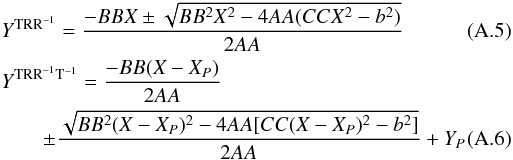 Mathematical equation: \appendix \setcounter{section}{1} \begin{eqnarray} &&Y^{\rm TRR^{-1}} = \frac{-BBX\pm\sqrt{BB^2X^2-4AA(CCX^2-b^2)}}{2AA}\\ && Y^{{\rm TRR}^{-1}\rm T^{-1}} = \frac{-BB(X-X_P)}{2AA} \nonumber\\ &&\qquad \pm\frac{\sqrt{BB^2(X-X_P)^2-4AA[CC(X-X_P)^2-b^2]}}{2AA} +Y_P \end{eqnarray}