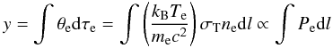 Mathematical equation: \begin{equation} \label{eq_y} y=\int\theta_{\rm e}{\rm d}\tau_{\rm e}=\int\left(\frac{k_{\rm B}T_{\rm e}}{m_{\rm e}c^2}\right)\sigma_{{\rm T}}n_{\rm e}{\rm d}l\propto\int P_{\rm e}{\rm d}l \end{equation}