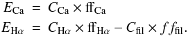 Mathematical equation: \begin{eqnarray*} E_{\rm Ca}&=& C_{\rm Ca} \times {\rm ff}_{\rm Ca} \\ E_{\rm H\alpha}&=& C_{\rm H\alpha} \times {\rm ff}_{\rm H\alpha} - C_{\rm fil} \times ff_{\rm fil}. \end{eqnarray*}