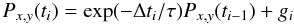 Mathematical equation: \begin{equation} P_{x,y}(t_i)=\exp (-\Delta t_i/\tau) P_{x,y}(t_{i-1})+g_i \label{eq:markovchain} \end{equation}