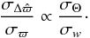 Mathematical equation: \begin{equation} \frac{\sigma_{\Delta \hat{\varpi}}}{\sigma_{\varpi}}\propto \frac{\sigma_{\Theta}}{\sigma_w}\cdot \label{equno} \end{equation}