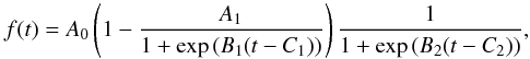 \begin{equation*} f(t) = A_0\left( 1-\frac{A_1}{1+\exp{(B_1({t-C_1))}}}\right)\frac{1}{1+\exp{(B_2(t-C_2))}}, \end{equation*}