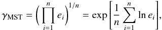 Mathematical equation: \begin{equation} \gmst = \bigg( \prod_{i=1}^n e_i \bigg)^{1/n} = \exp{ \left[ \frac{1}{n} \sum_{i=1}^n \ln{e_i} \right]}, \end{equation}