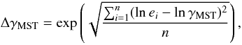 Mathematical equation: \begin{equation} \Delta\gmst = \exp \left( \sqrt{ \sum_{i=1}^n ( \ln e_i - \ln \gmst )^2 \over n } \right), \end{equation}