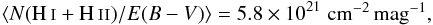 $$ \langle N(\ion{H}{i}+\ion{H}{ii})/E(B-V)\rangle = 5.8 \times 10^{21}\;\mbox{cm$^{-2}$\,mag$^{-1}$}, $$