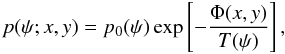 Mathematical equation: \begin{equation} p(\psi;x,y) = p_{0}(\psi) \exp \left[ -\frac{\Phi(x,y)}{T(\psi)} \right], \label{eq:pressureT} \end{equation}