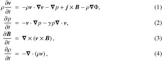Mathematical equation: \begin{eqnarray} \label{eq:momentum} \rho\pdb{\vf{v}}{t} & = &-\rho\vf{v}\cdot\grad{\vf{v}} - \grad{p} + \vf{j}\times\vf{B} - \rho\grad{\Phi}, \\ \label{eq:entropy} \pdb{p}{t} & =& -\vf{v}\cdot\grad{p} - \gamma p\grad{}\cdot\vf{v} , \\ \label{eq:induction} \pdb{\vf{B}}{t} & =& \grad{}\times\left(\vf{v}\times\vf{B}\right) , \\ \label{eq:mass} \pdb{\rho}{t} & = &-\grad{}\cdot\left(\rho\vf{v}\right) , \end{eqnarray}