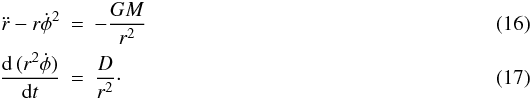 Mathematical equation: \begin{eqnarray} {\ddot{r}} - r {\dot{\phi}}^2& = &- \frac{GM}{r^2} \label{equationradiale1} \\ \frac{{\rm d} \, (r^2 {\dot{\phi}}) }{{\rm d}t} &=& \frac{D}{r^2}\cdot \label{eqmomentang1} \end{eqnarray}