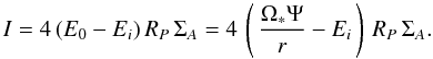 Mathematical equation: \begin{equation} \label{eq_total_current} I = 4 \, (E_0 - E_i) \, R_P \, \Sigma_A = 4 \, \left(\, \frac{\Omega_* \Psi}{r} - E_i \, \right)\, R_P\, \Sigma_A. \end{equation}
