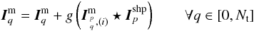 \begin{equation} \I^{\rm m}_{q} = \I^{\rm m}_{q} + g \left( \I^{\rm m}_{{{p}\atop{q}},(i)} \star \I^{\rm shp}_{p} \right) ~~~~~~~~ \forall q\in[0,\Nt ] \label{Eq:msmfs_updatemodel} \end{equation}